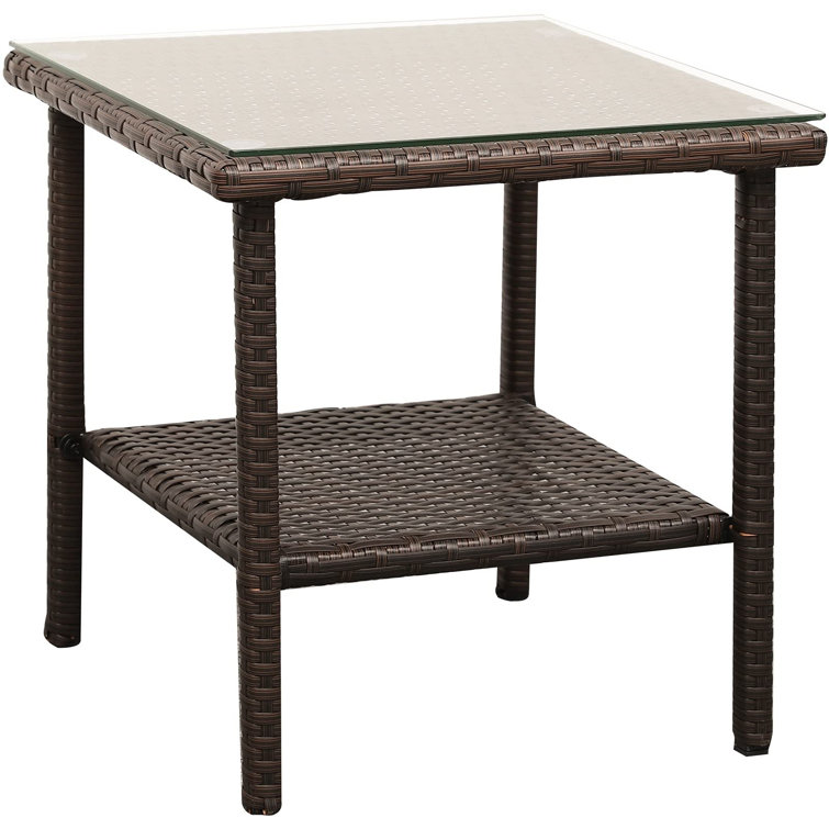 Latitude Run® Outdoor Wicker Glass Top Side Table Balcony Deck Side